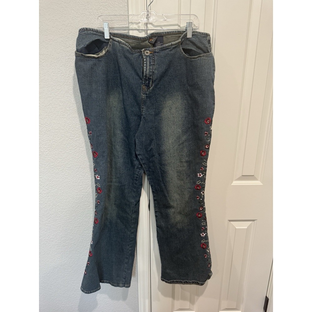 Y2K Embroidered Flare Jeans 20W Stretch Floral Bohemian Festival Boho VTG